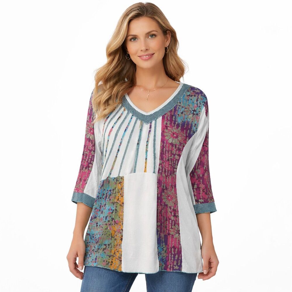 Parsley And Sage Tunic Blouse Womens Large Floral V Neck 3/4 Sleeve Top